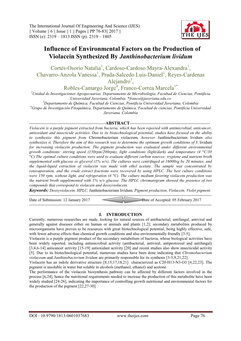 Influence of Environmental Factors on the Production of Violacein Synthesized by Janthinobacterium Lividum