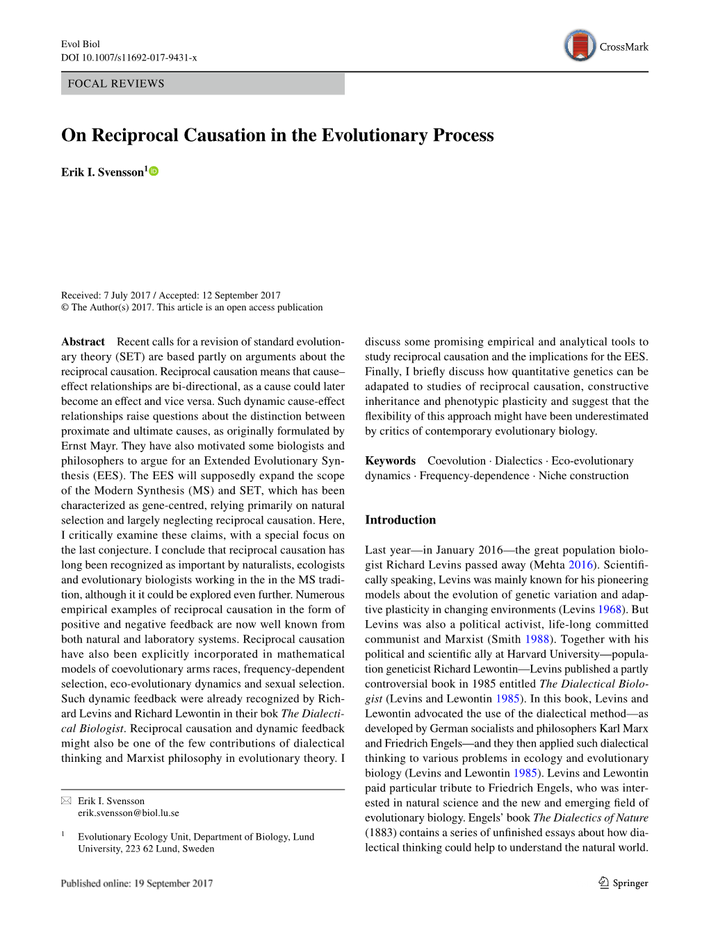 On Reciprocal Causation in the Evolutionary Process