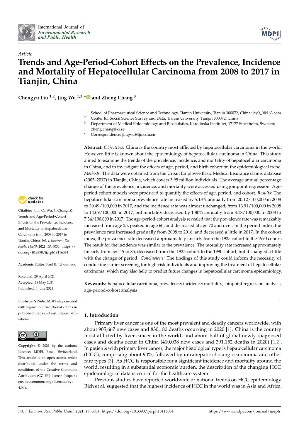 Trends and Age-Period-Cohort Effects on the Prevalence, Incidence and Mortality of Hepatocellular Carcinoma from 2008 to 2017 in Tianjin, China