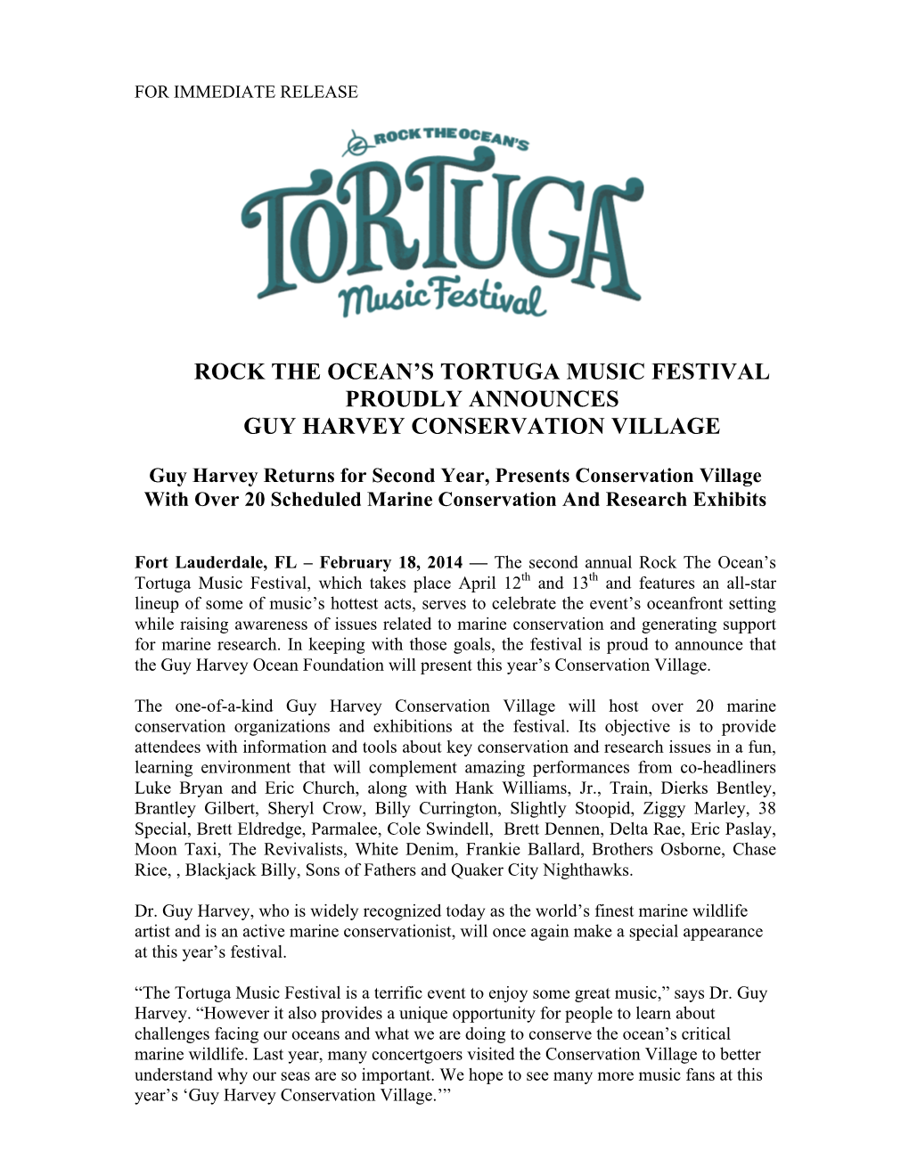 Rock the Ocean's Tortuga Music Festival Proudly Announces Guy Harvey