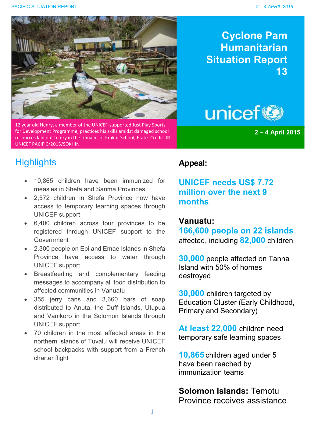 Sitrep 13 UNICEF Pacific Cyclone Pam 2
