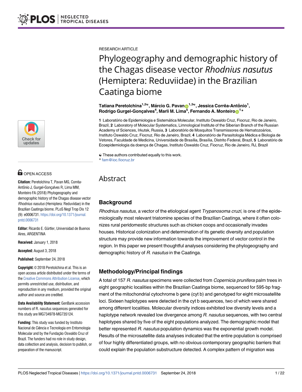 Phylogeography and Demographic History of the Chagas Disease Vector Rhodnius Nasutus (Hemiptera: Reduviidae) in the Brazilian Caatinga Biome