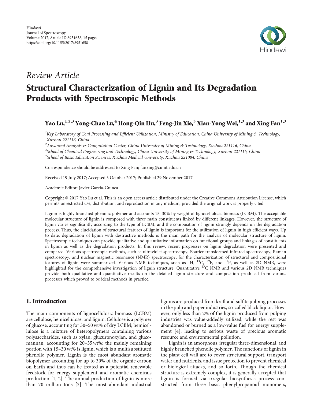 Review Article Structural Characterization of Lignin and Its Degradation Products with Spectroscopic Methods