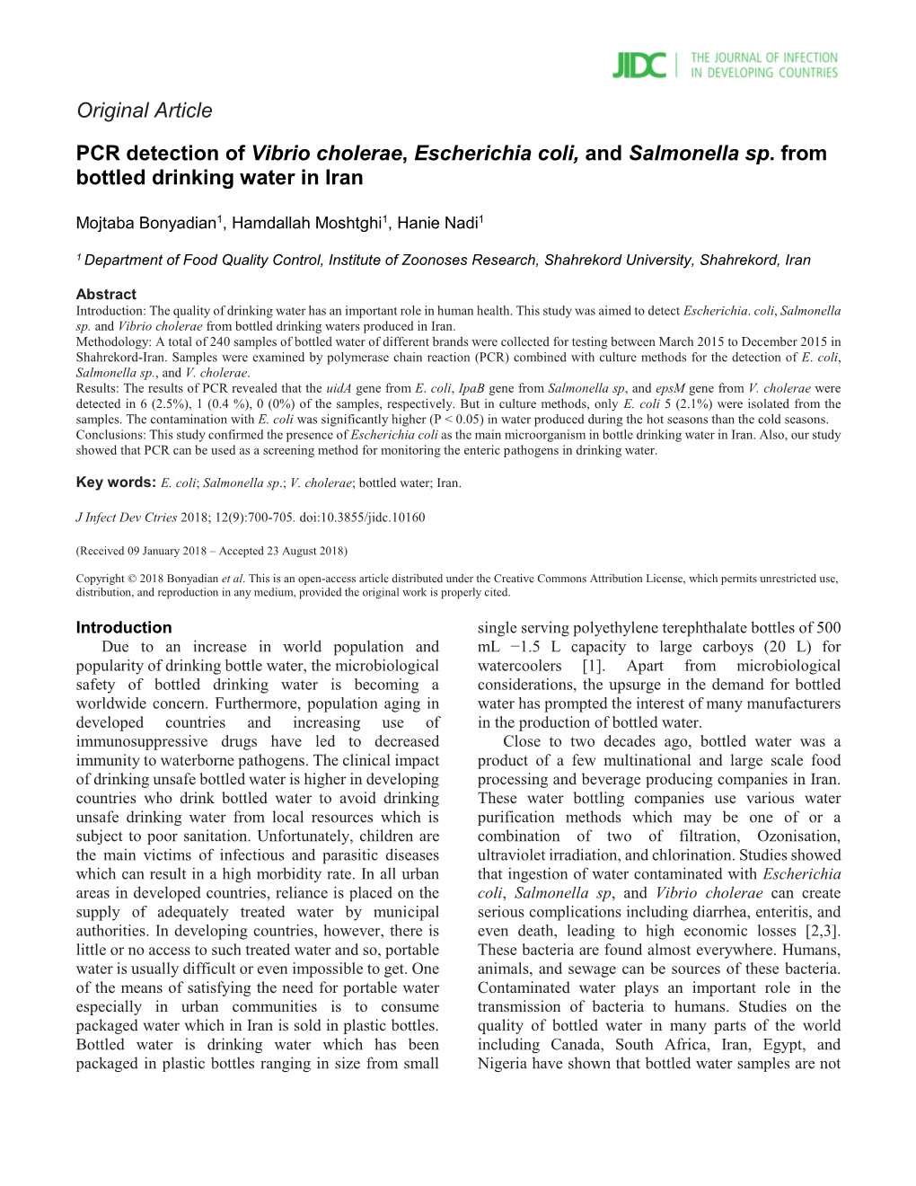 Original Article PCR Detection of Vibrio Cholerae, Escherichia Coli