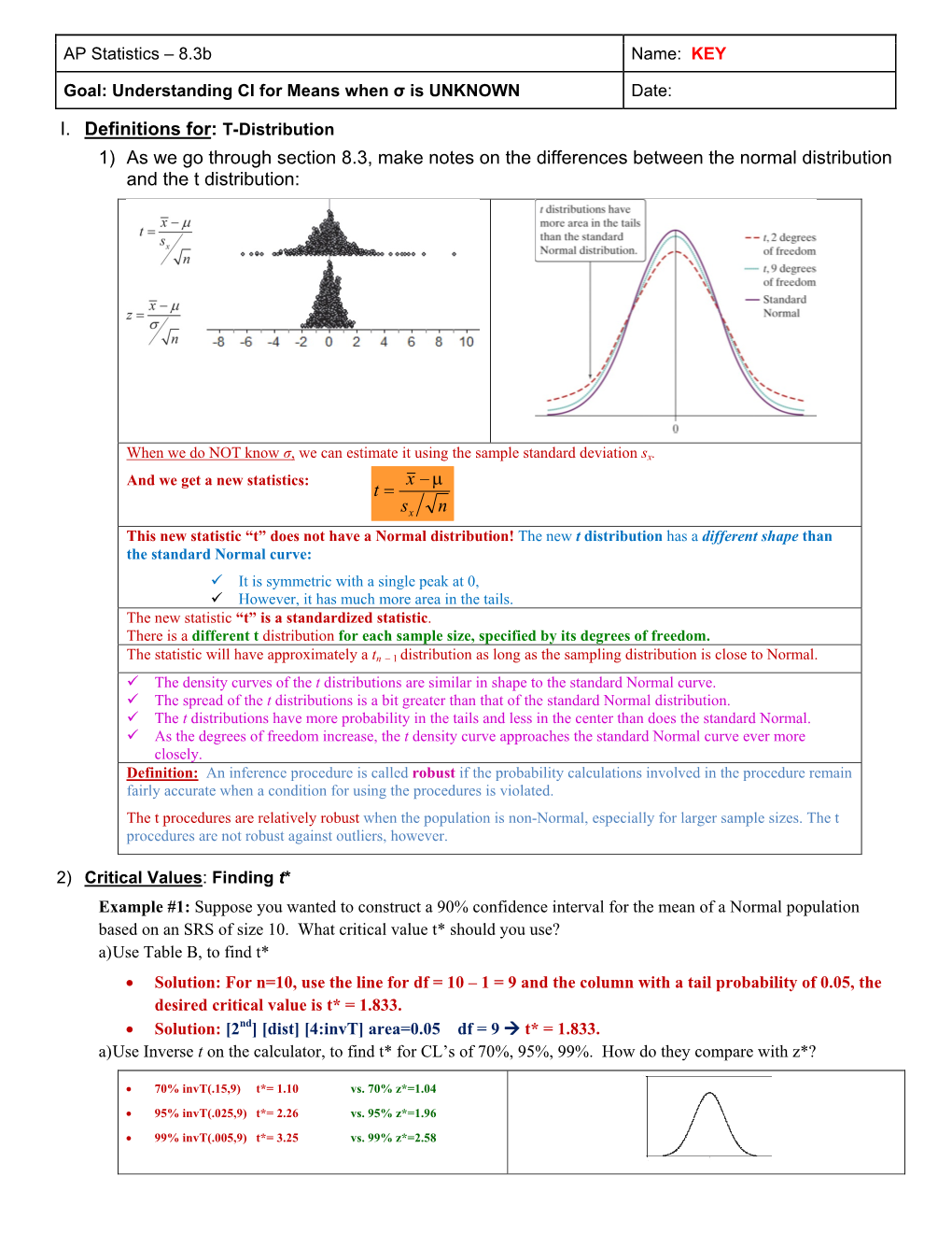 I. Definitions For: T-Distribution 1) As We Go Through Section 8.3, Make