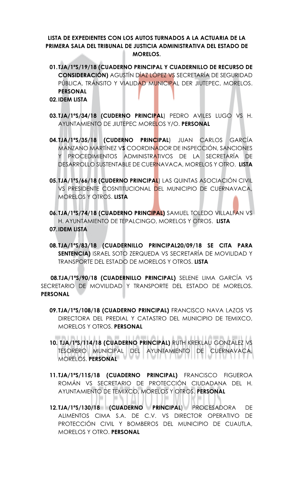Lista De Expedientes Con Los Autos Turnados a La Actuaria De La Primera Sala Del Tribunal De Justicia Administrativa Del Estado De Morelos