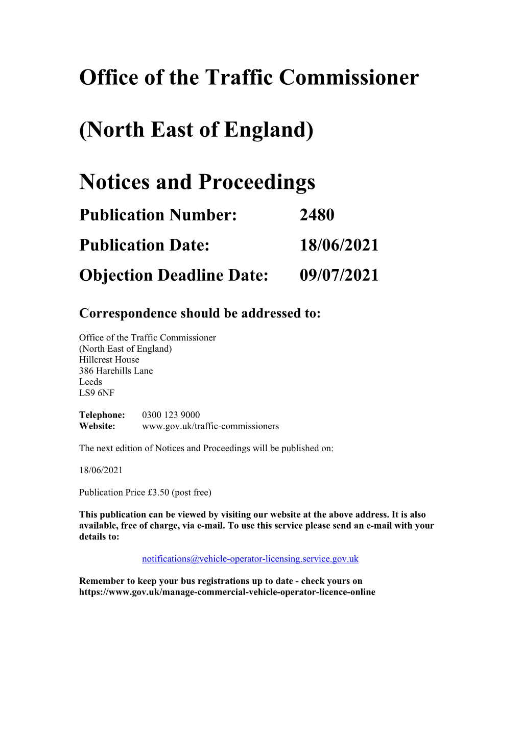 Office of the Traffic Commissioner (North East of England) Notices and Proceedings