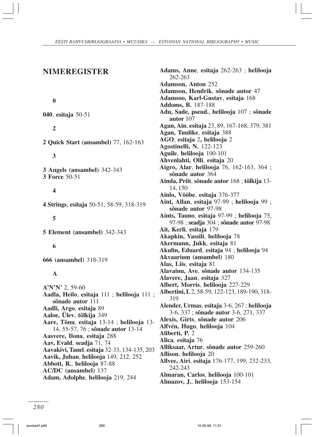 NIMEREGISTER Adams, Anne, Esitaja 262-263 ; Helilooja 262-263 Adamson, Anton 252 Adamson, Hendrik, Sõnade Autor 47 0 Adamsoo, Karl-Gustav, Esitaja 168 Addoms, B