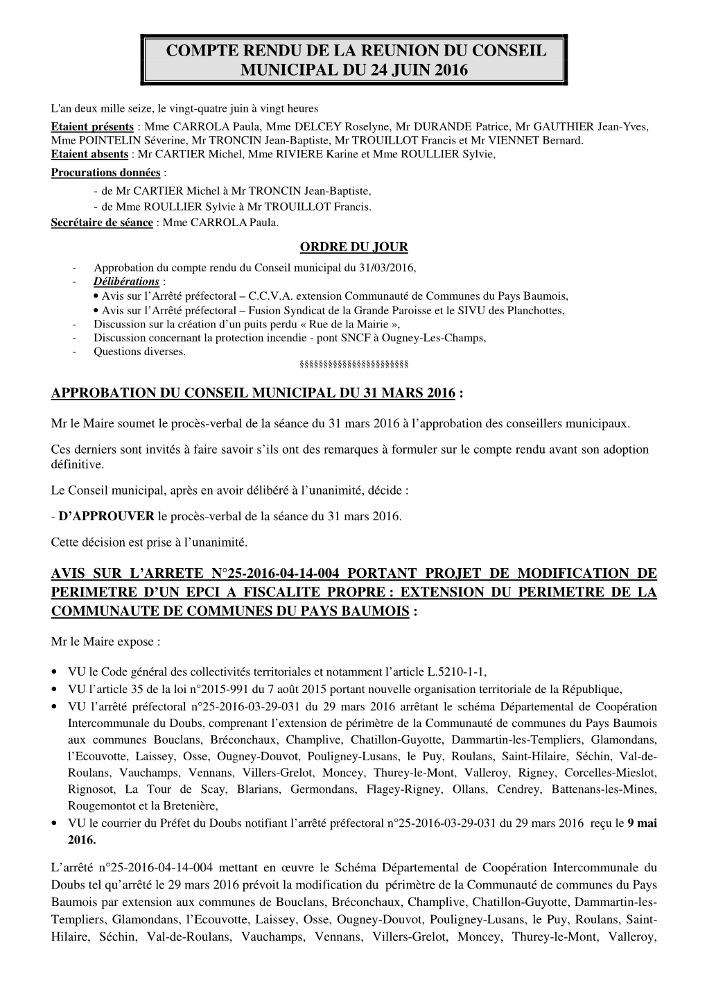 Compte Rendu De La Reunion Du Conseil Municipal Du 24 Juin 2016