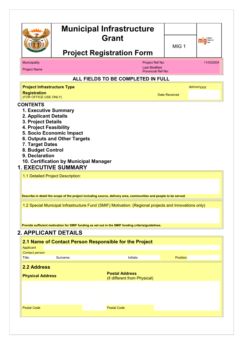 Consolidated Municipal Infrastructure Programme Business Plan Form