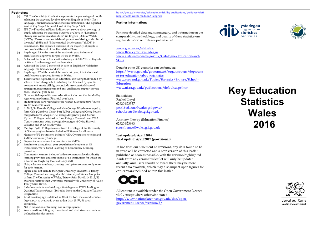 Key Education Statistics Wales 2016