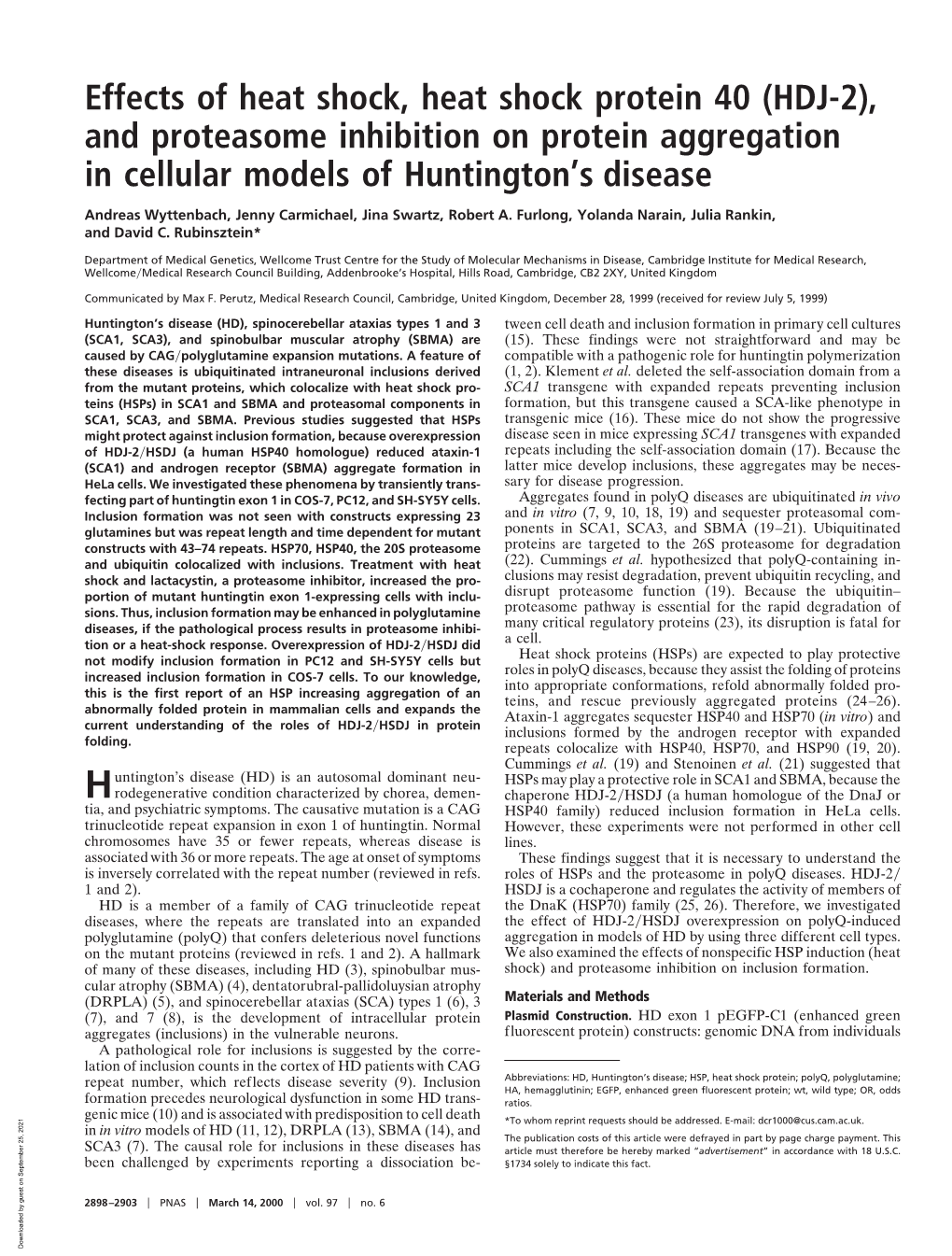 (HDJ-2), and Proteasome Inhibition on Protein Aggregation in Cellular Models of Huntington’S Disease