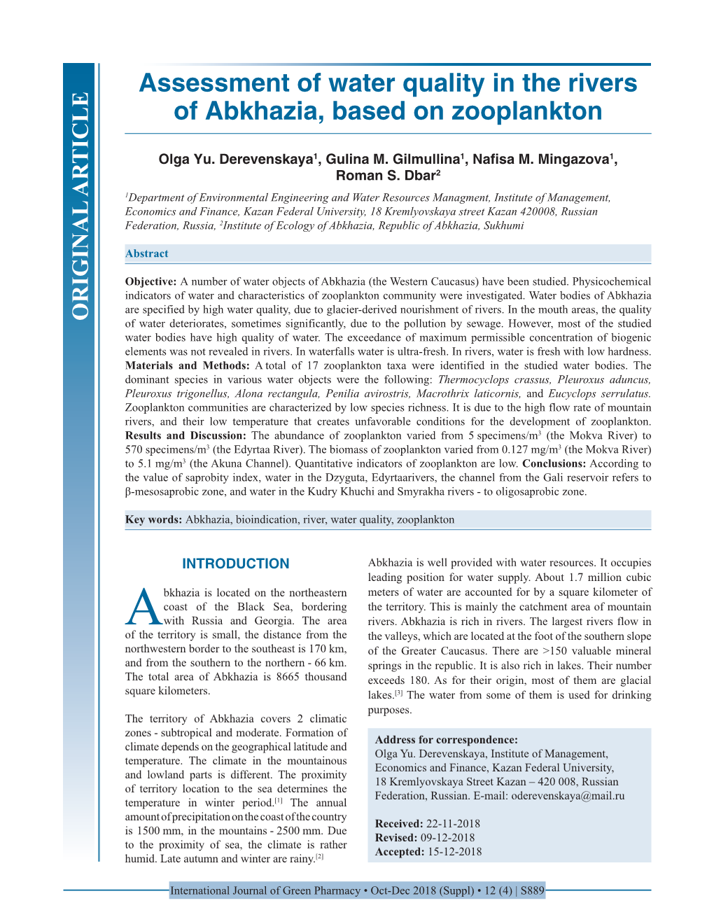 Assessment of Water Quality in the Rivers of Abkhazia, Based on Zooplankton