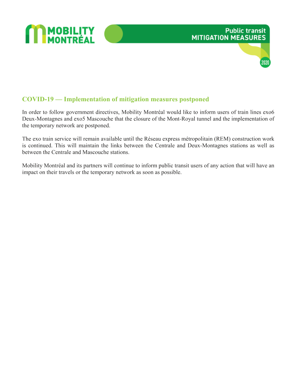 COVID-19 — Implementation of Mitigation Measures Postponed