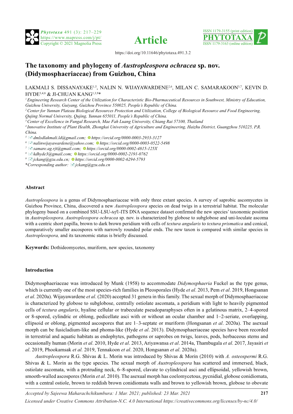 The Taxonomy and Phylogeny of Austropleospora Ochracea Sp. Nov. (Didymosphaeriaceae) from Guizhou, China