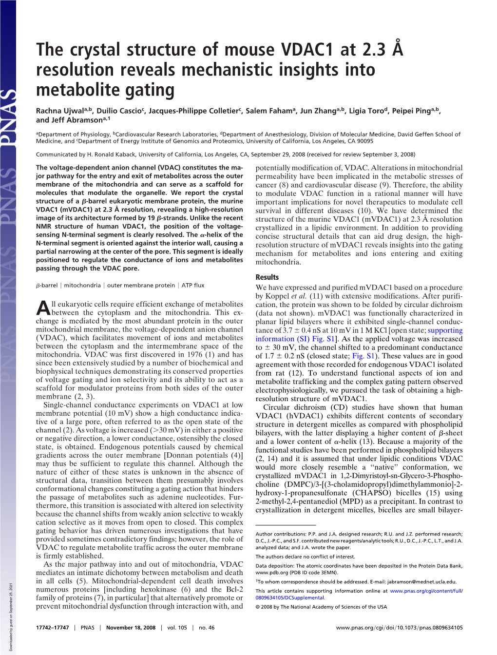 The Crystal Structure of Mouse VDAC1 at 2.3 Å Resolution Reveals Mechanistic Insights Into Metabolite Gating