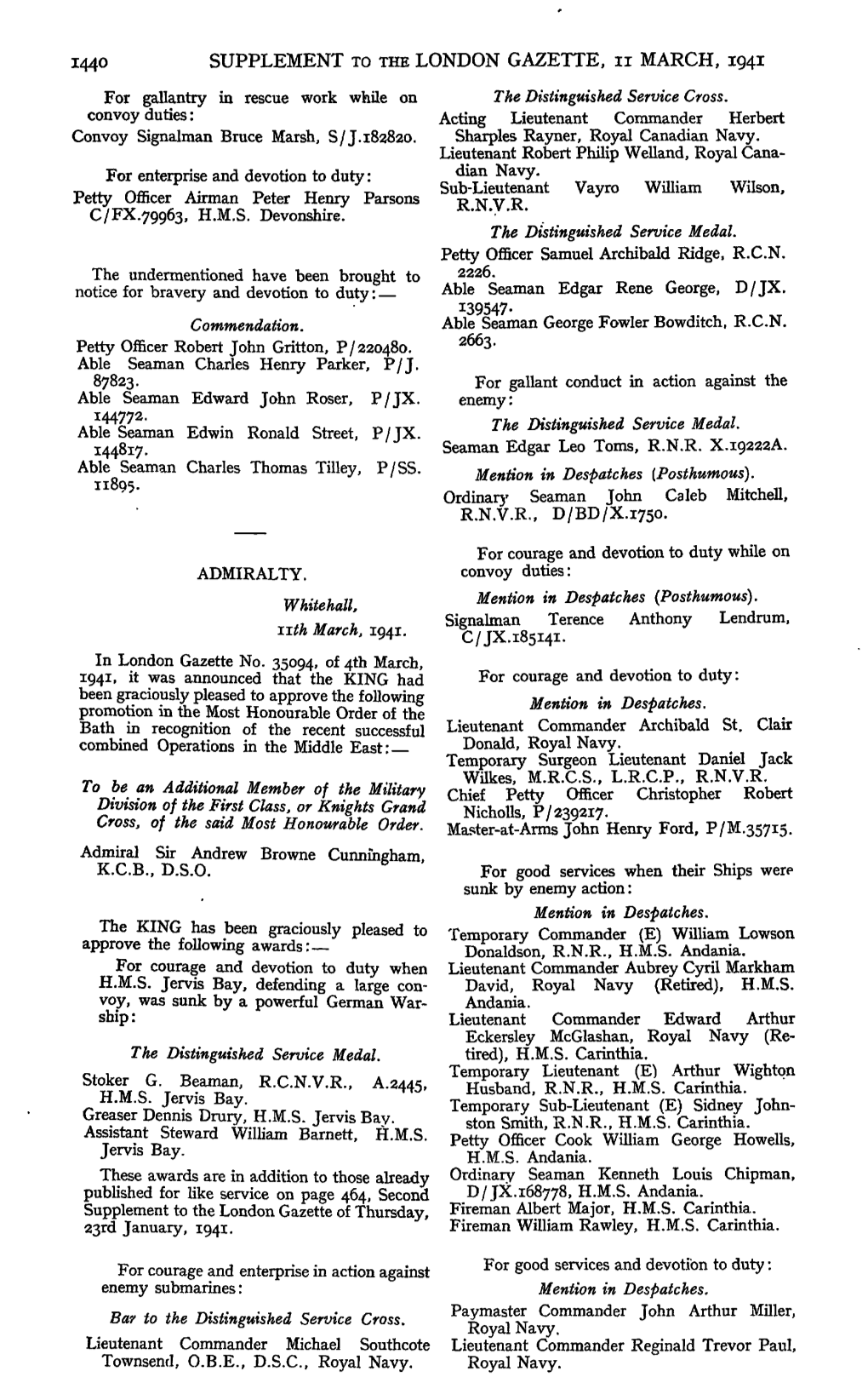 1440 SUPPLEMENT to the LONDON GAZETTE, U MARCH, 1941 for Gallantry in Rescue Work While on the Distinguished Service Cross