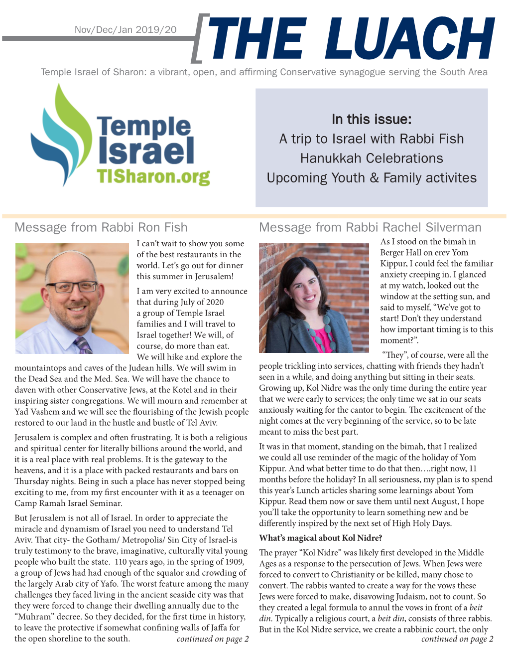 A Trip to Israel with Rabbi Fish Hanukkah Celebrations Upcoming Youth & Family Activites