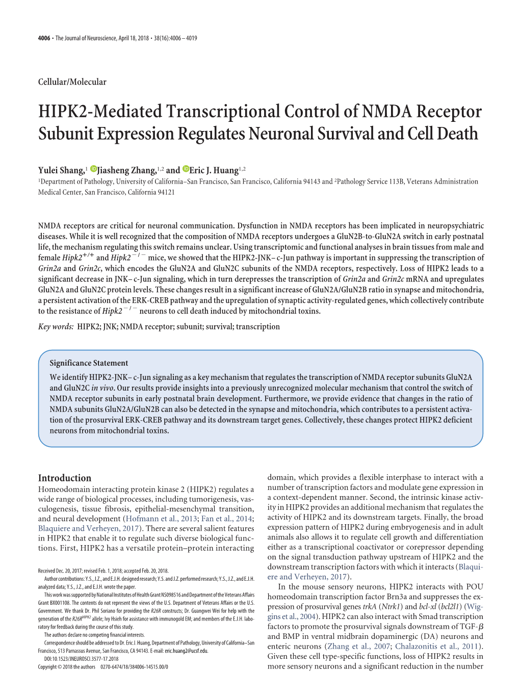HIPK2-Mediated Transcriptional Control of NMDA Receptor Subunit Expression Regulates Neuronal Survival and Cell Death