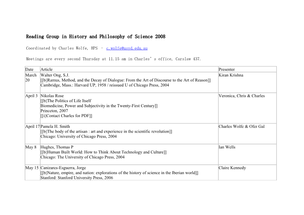 Reading Group in History and Philosophy of Science 2007