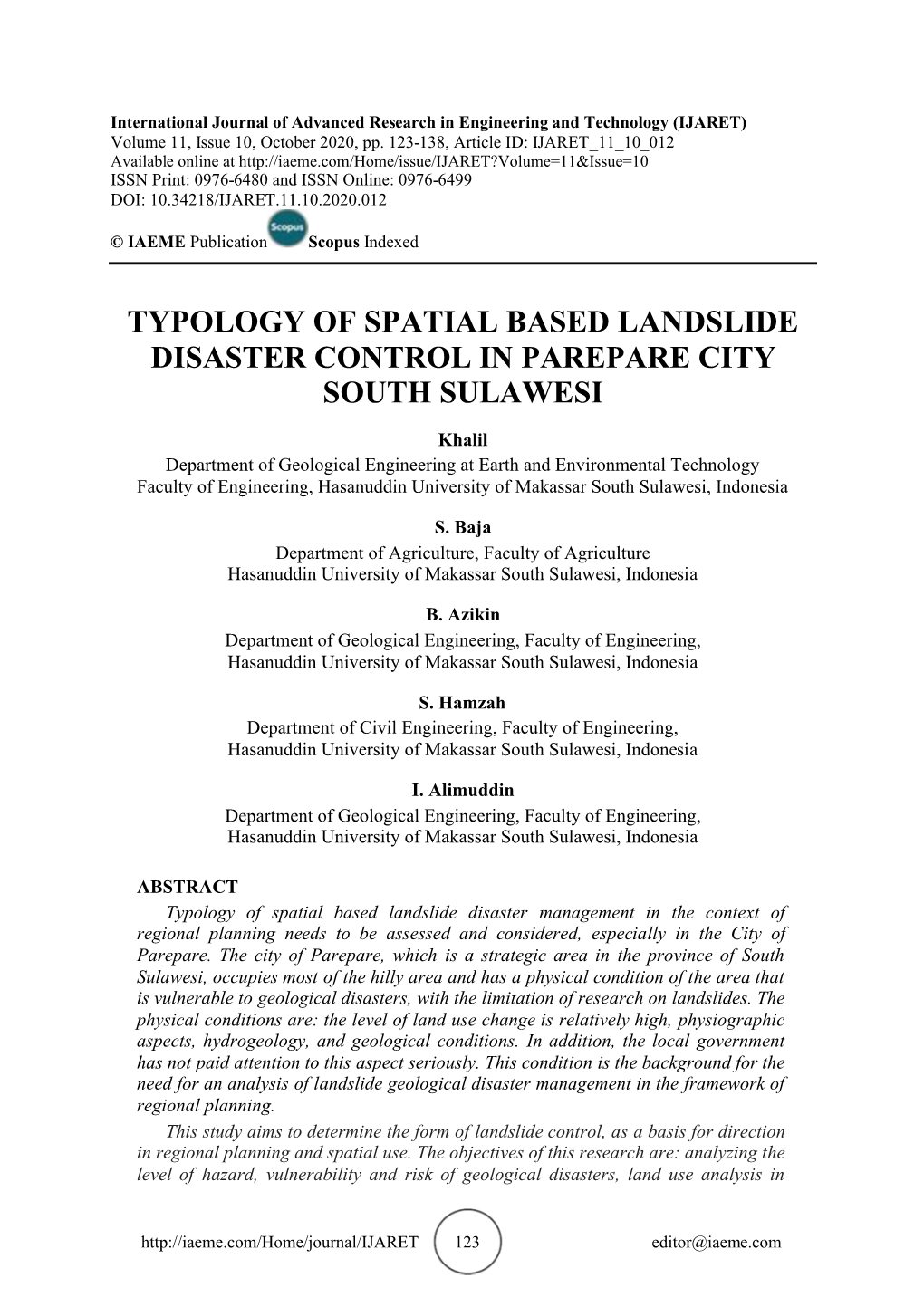 Typology of Spatial Based Landslide Disaster Control in Parepare City South Sulawesi