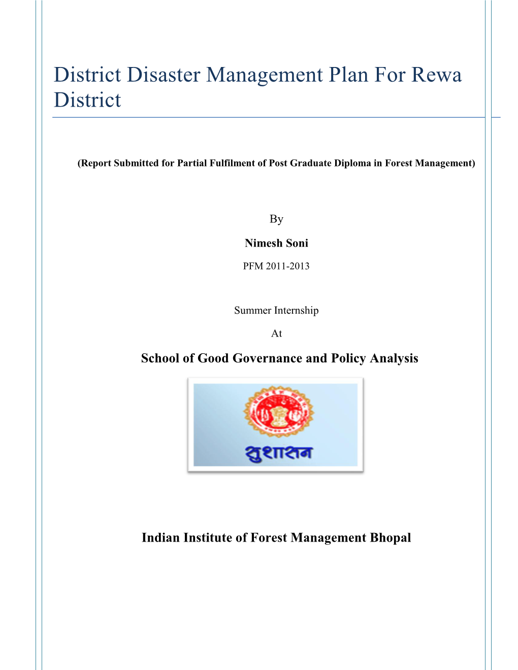 District Disaster Management Plan for Rewa District