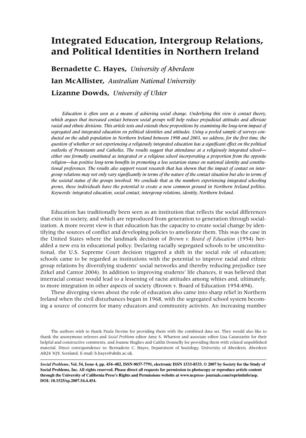 Integrated Education, Intergroup Relations, and Political Identities in Northern Ireland