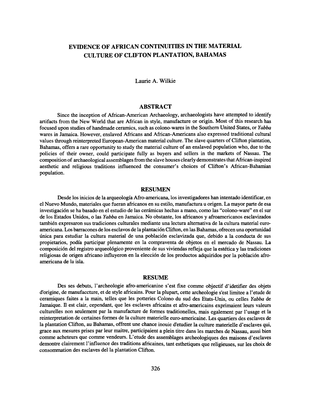 Evidence of African Continuities in the Material Culture of Clifton Plantation, Bahamas