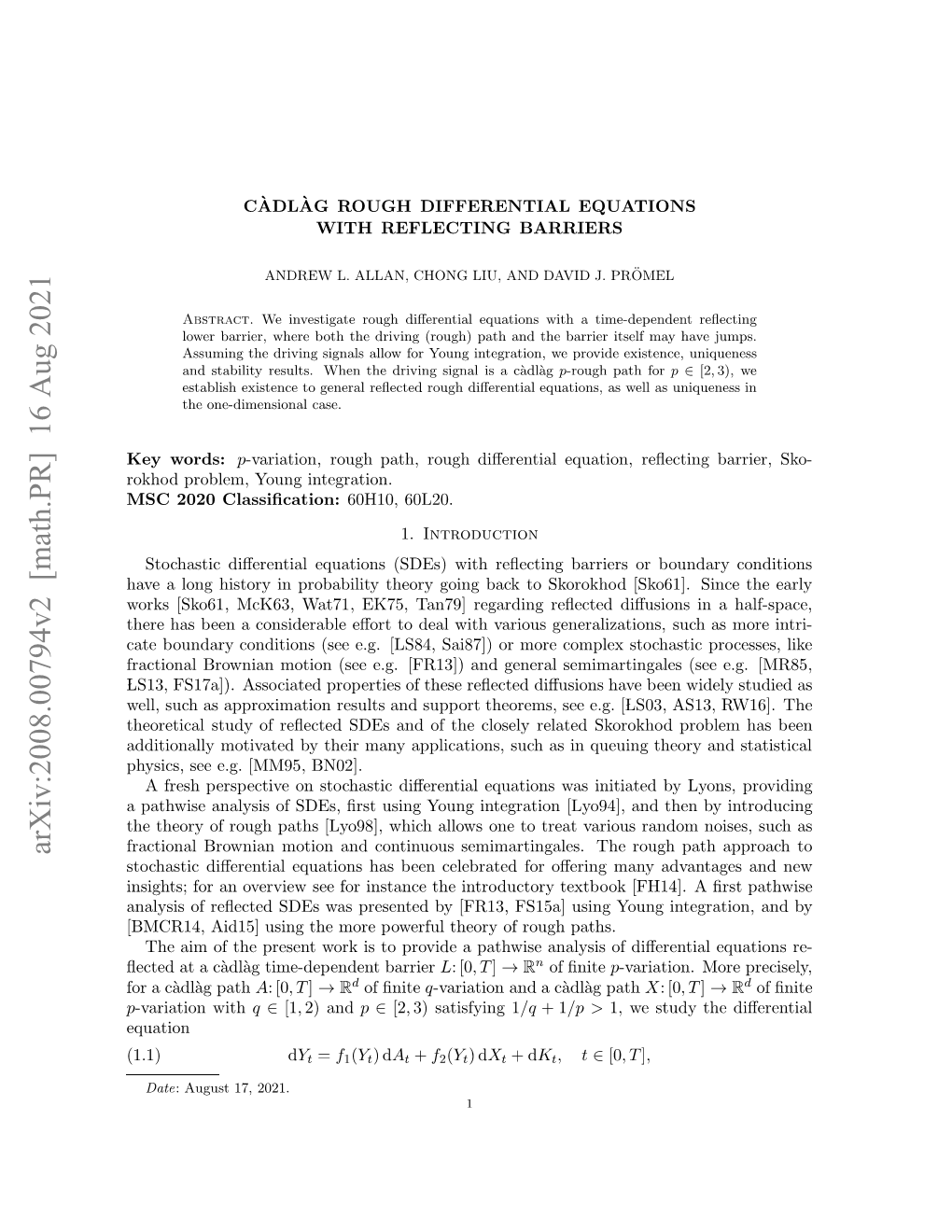 Arxiv:2008.00794V1 [Math.PR]