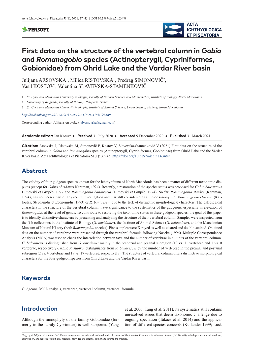 ﻿First Data on the Structure of the Vertebral Column in Gobio And