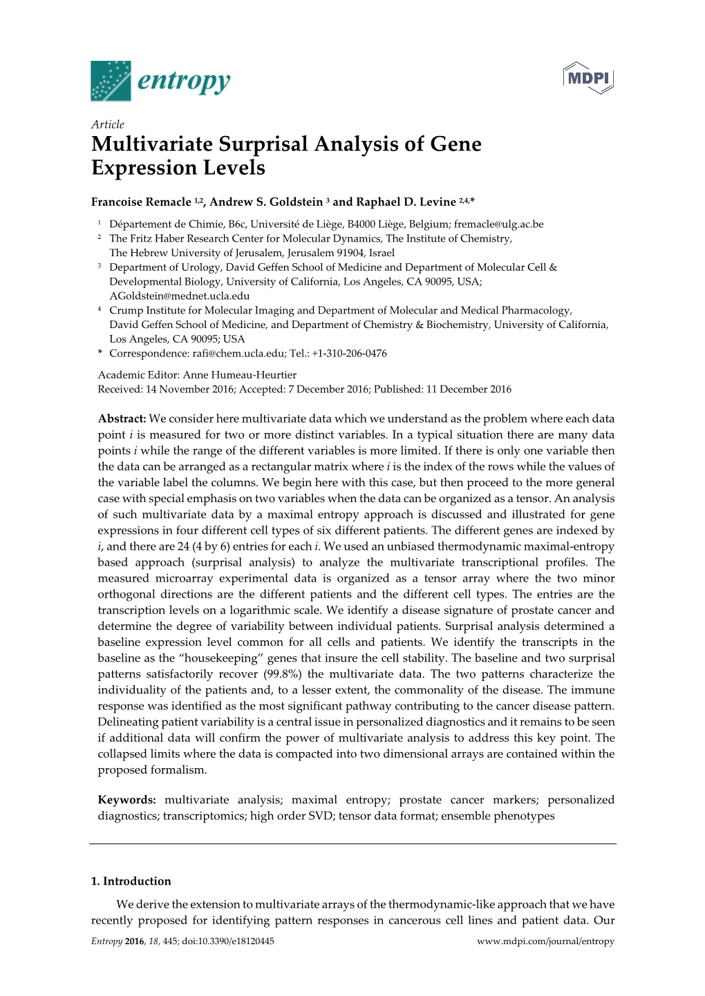 Multivariate Surprisal Analysis of Gene Expression Levels