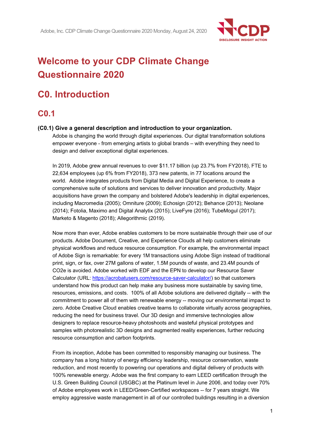 CDP Climate Change Questionnaire 2020 Monday, August 24, 2020