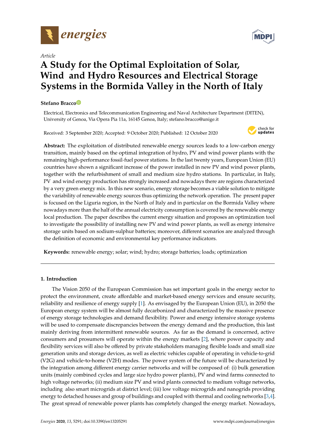 A Study for the Optimal Exploitation of Solar, Wind and Hydro Resources and Electrical Storage Systems in the Bormida Valley in the North of Italy