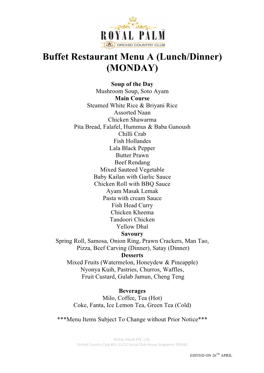 Buffet Restaurant Menu a (Lunch/Dinner) (MONDAY)