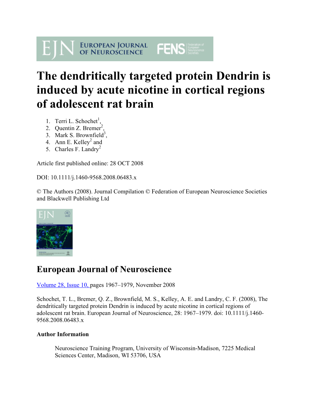 The Dendritically Targeted Protein Dendrin Is Induced by Acute Nicotine in Cortical Regions of Adolescent Rat Brain