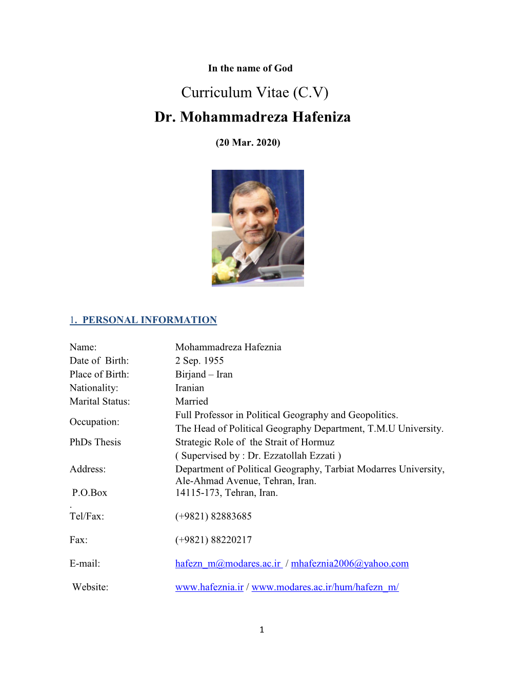 Curriculum Vitae (C.V) Dr. Mohammadreza Hafeniza