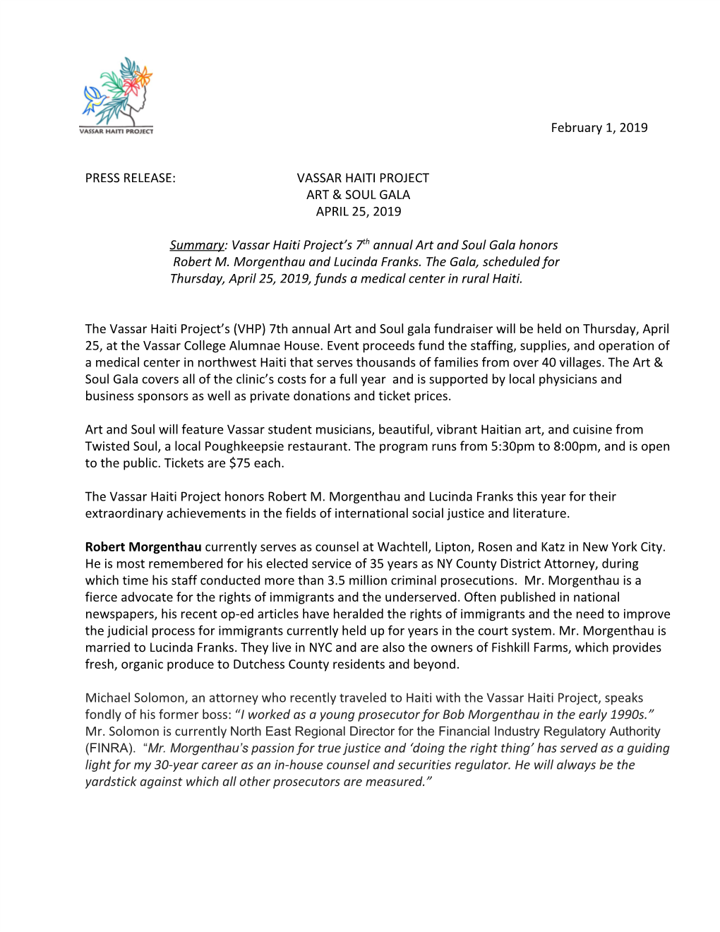 February 1, 2019 PRESS RELEASE: VASSAR HAITI PROJECT ART