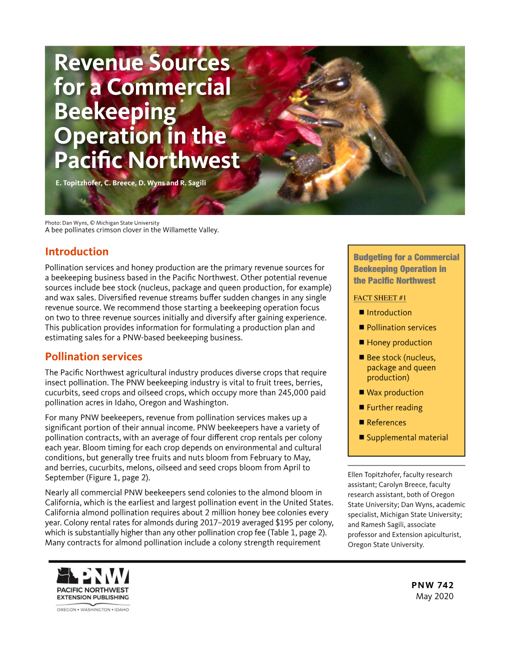 Revenue Sources for a Commercial Beekeeping Operation in the Pacific Northwest E