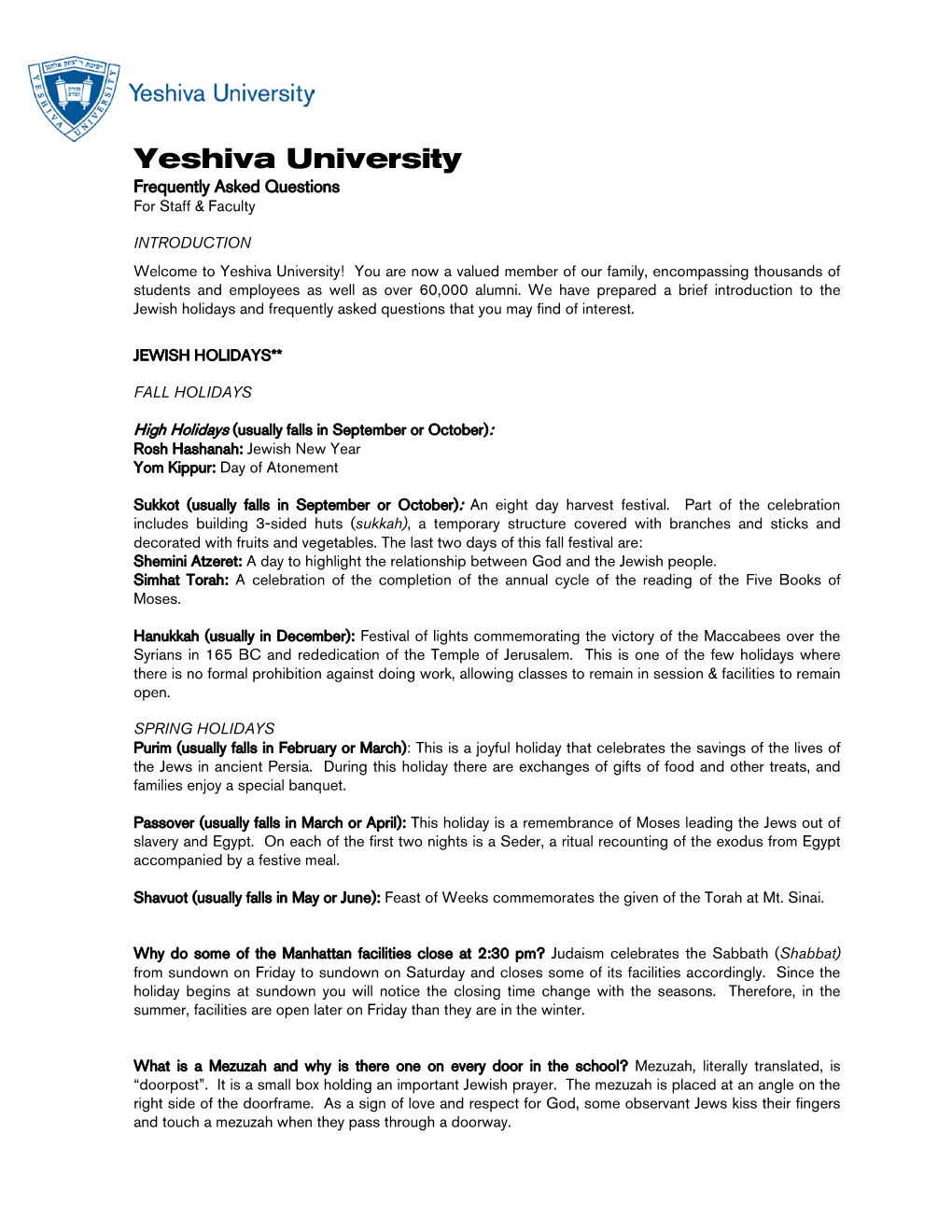 Yeshiva University Frequently Asked Questions for Staff & Faculty