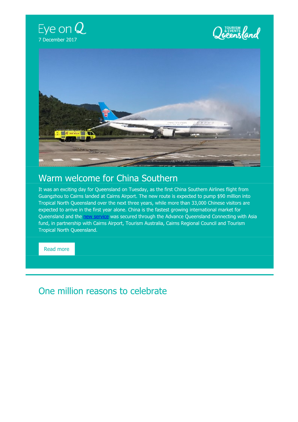 Warm Welcome for China Southern One Million Reasons to Celebrate