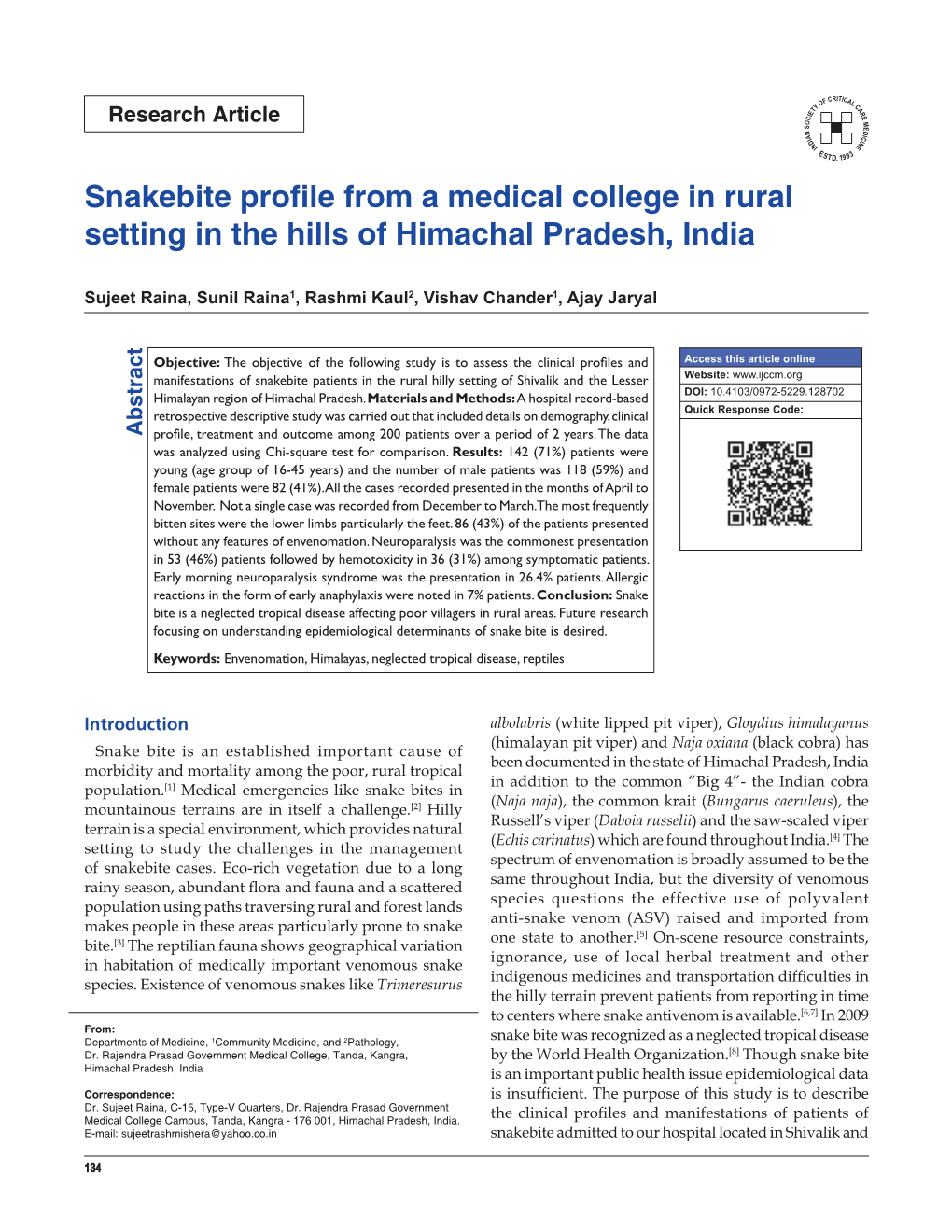 Snakebite Profile from a Medical College in Rural Setting in the Hills of Himachal Pradesh, India