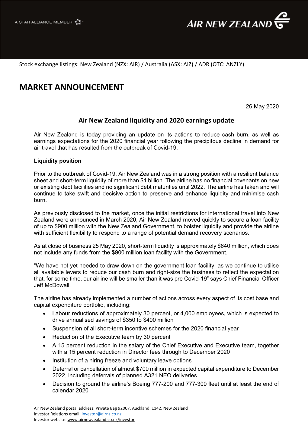 Air New Zealand Liquidity and 2020 Earnings Update