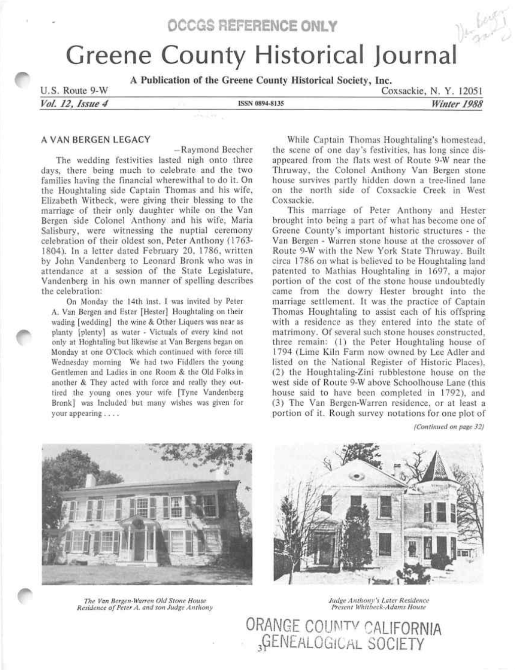 Greene County Historical Journal a Publication of the Greene County Historical Society, Inc