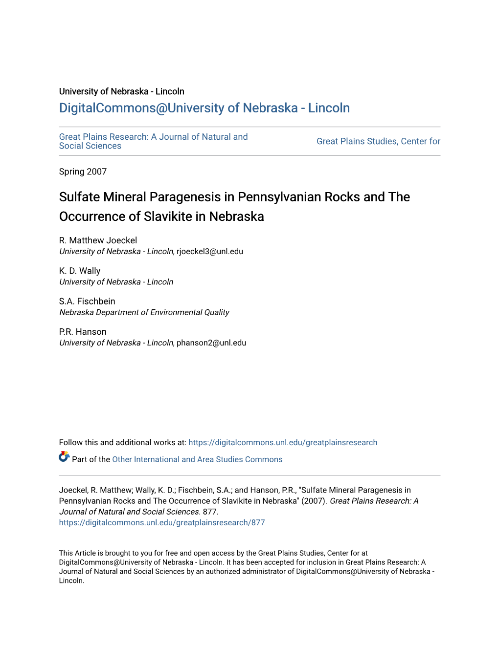 Sulfate Mineral Paragenesis in Pennsylvanian Rocks and the Occurrence of Slavikite in Nebraska