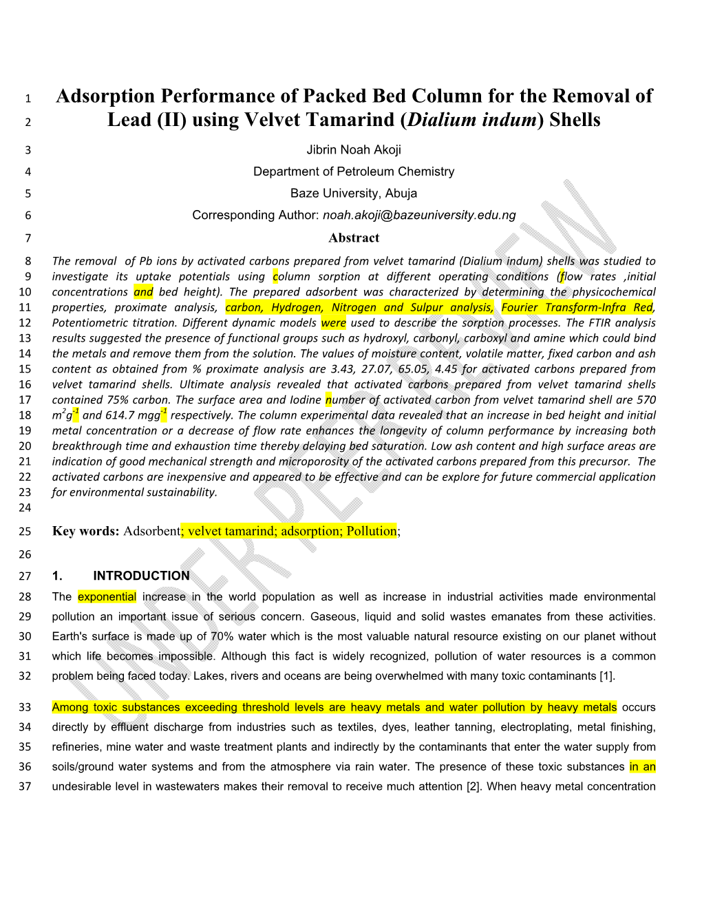 Lead (II) Using Velvet Tamarind (Dialium Indum) Shells