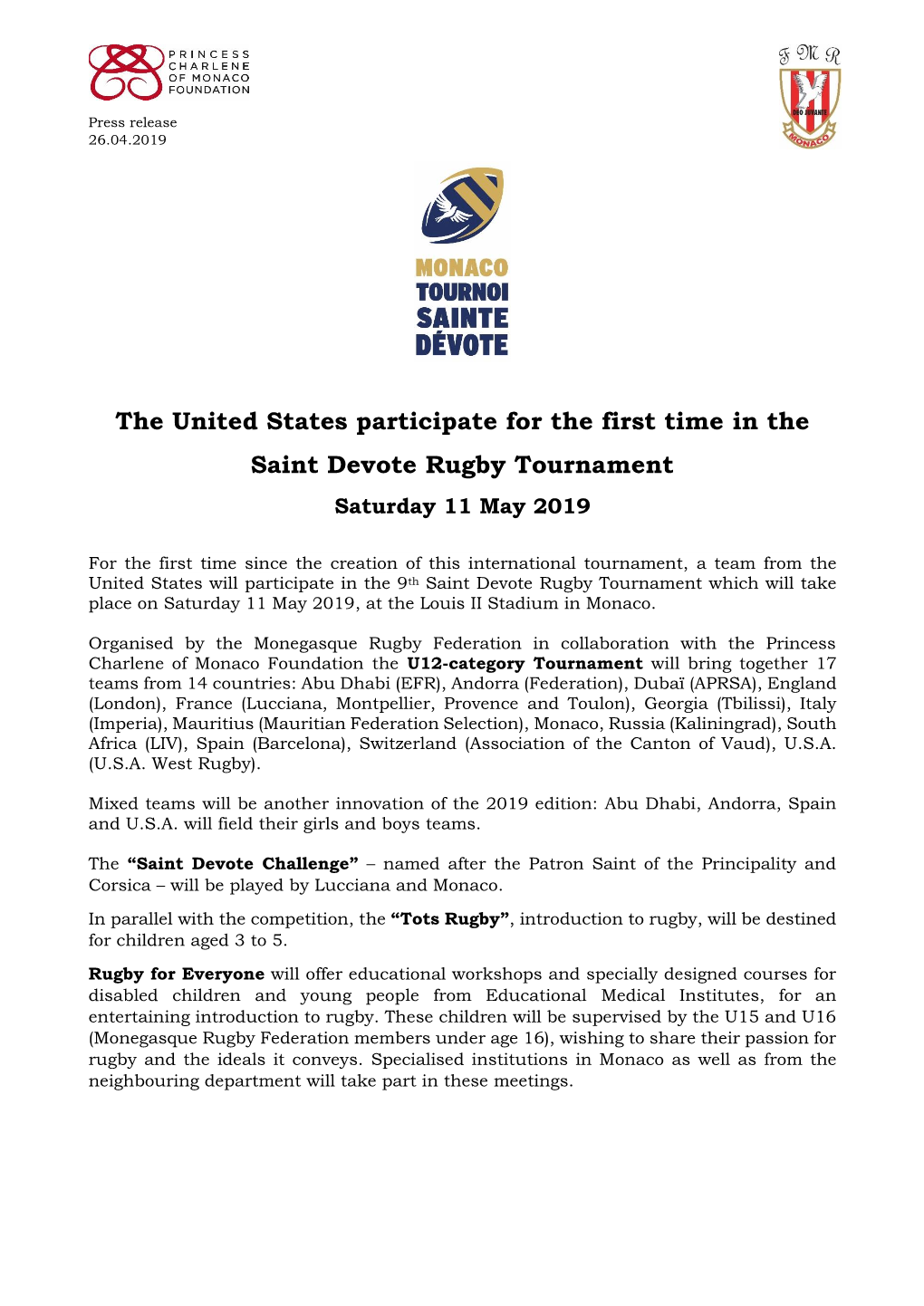 The United States Participate for the First Time in the Saint Devote Rugby Tournament Saturday 11 May 2019