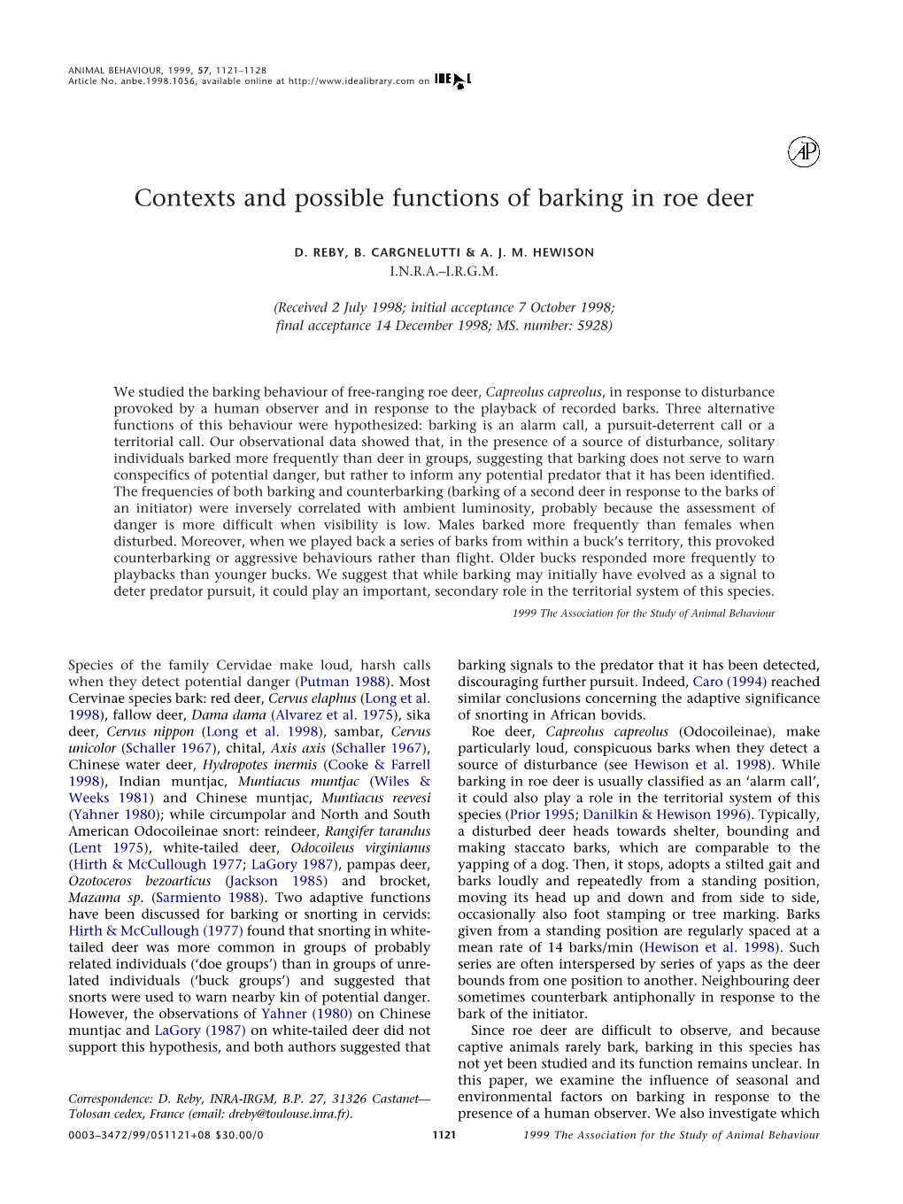 Contexts and Possible Functions of Barking in Roe Deer