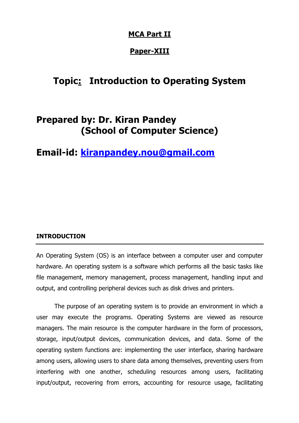 Introduction to Operating System Prepared By