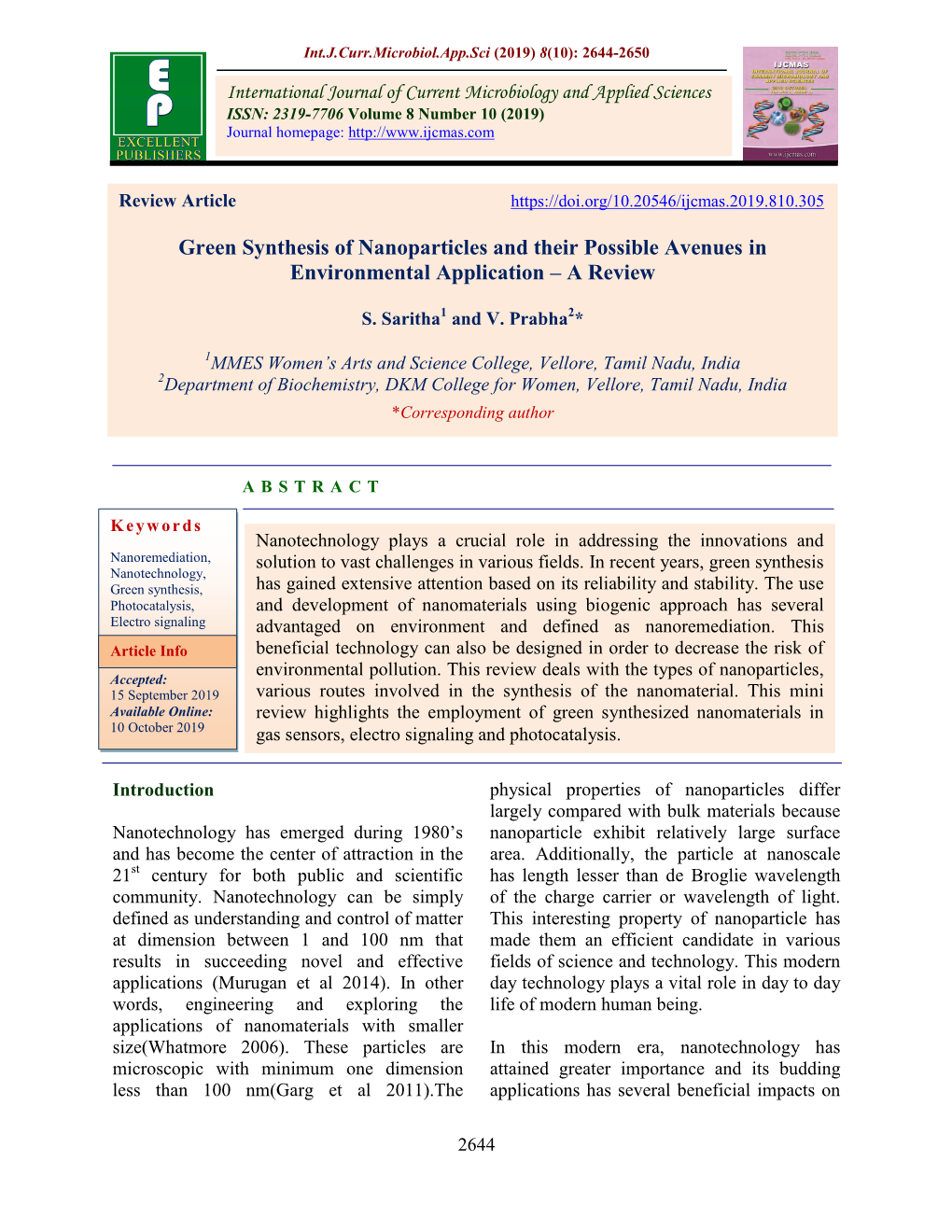 Green Synthesis of Nanoparticles and Their Possible Avenues in Environmental Application – a Review