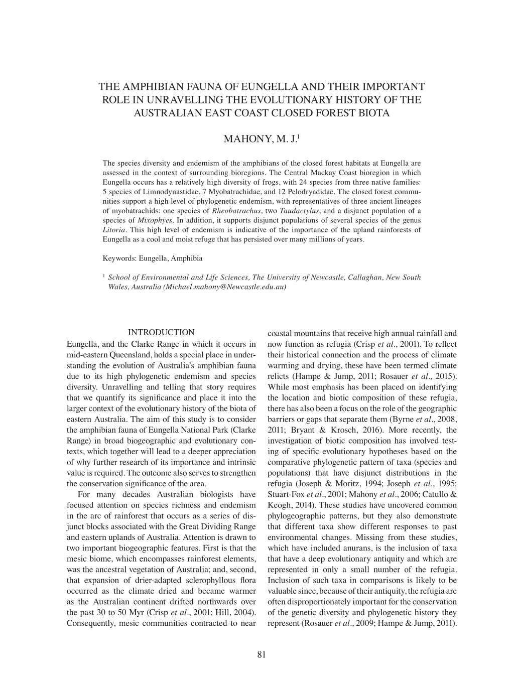 The Amphibian Fauna of Eungella and Their Important Role in Unravelling the Evolutionary History of the Australian East Coast Closed Forest Biota